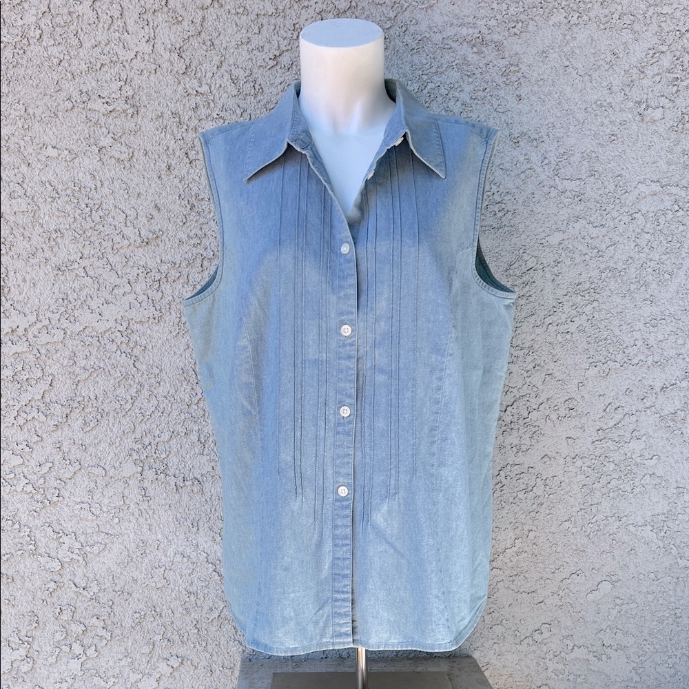 Blue Jean Denim Pleated Button-Up Tank Top Sleeveless Shirt Collar Work Western